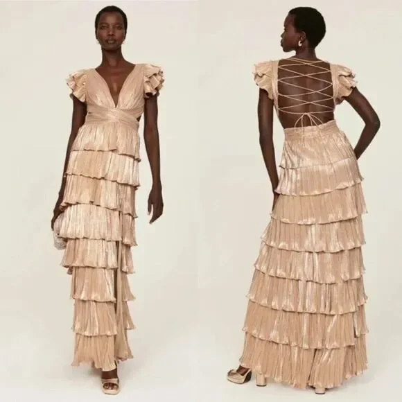 Mac Duggal Size 0 Gold Ruffle‎ Tiered Corset Back Lace Up Gown Long Maxi Dress